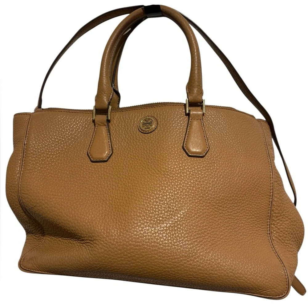 TORY BURCH Robinson Pebbled Leather Tote Bag Satchel Tan
